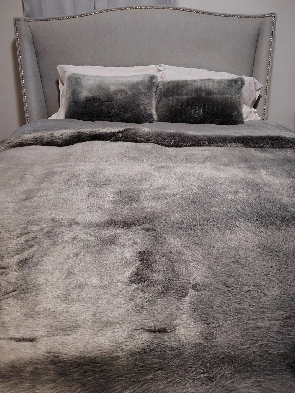 Luxury Faux Fur Bedspread in Charcoal Gray -  BRAND-Restorational Hardware.